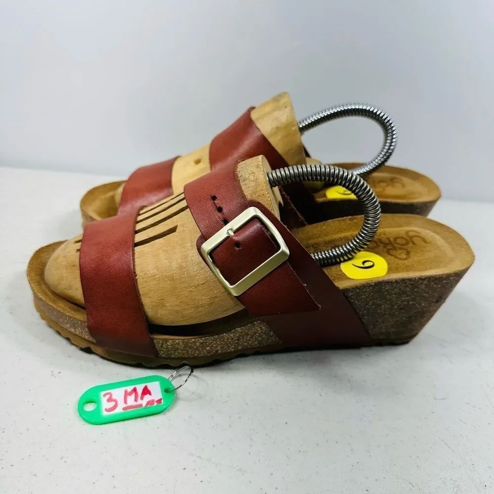 Yokono Womens Wedge Sandals Size 9 Brown Wide Leather Straps Big Buckle